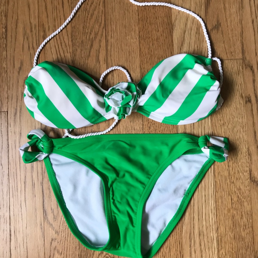 Hobie green and white striped bikini. Top is a L and I believe the bottoms M.